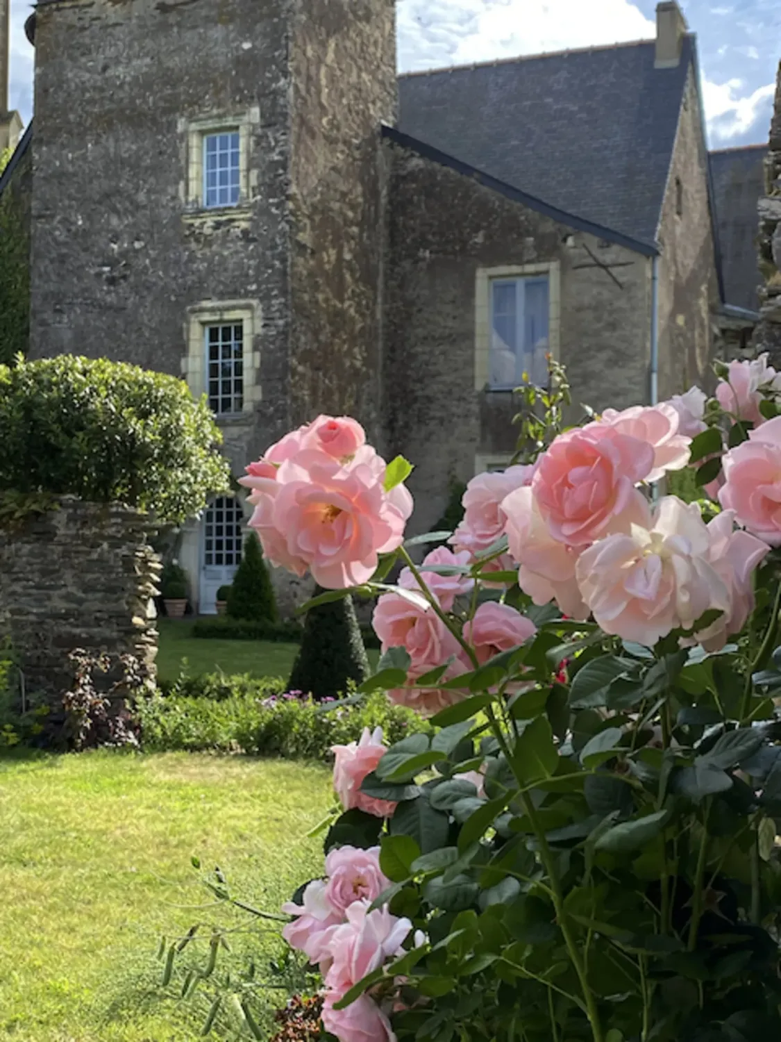 Le manoir de Ghaisne à Freigné (XVᵉ-XVIᵉ siècles) et son jardin, en juin.